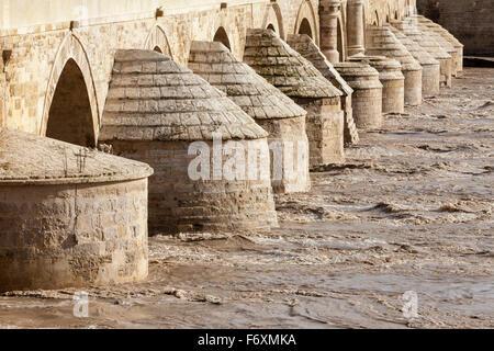 Le fort courant de la rivière Guadalquivir de tempête sous les voûtes en pierre du pont romain de Cordoue, Espagne Banque D'Images