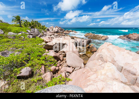 Les roches de granit et l'eau turquoise de l'Anse Cocos dans La Digue, Seychelles Banque D'Images