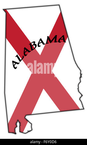 Un dessin du drapeau de l'état de l'Alabama à l'intérieur d'un contour de l'état isolé sur fond blanc Banque D'Images