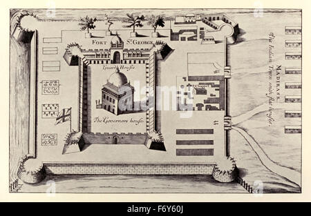 Plan du Fort St George, Madras, en Inde par le Dr John Fryer (1650-1733) d'abord publié en 1698 dans son compte rendu de ses voyages en Inde et en Perse entre 1672 et 1682 appelé "Nouveau compte d'East-India et perse, dans huit lettres'. Voir la description pour plus d'informations. Banque D'Images