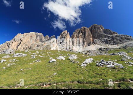 Vue d'été de mont Sassolungo et Sassopiatto, Vallée de Fassa, Trentin, Italie Banque D'Images