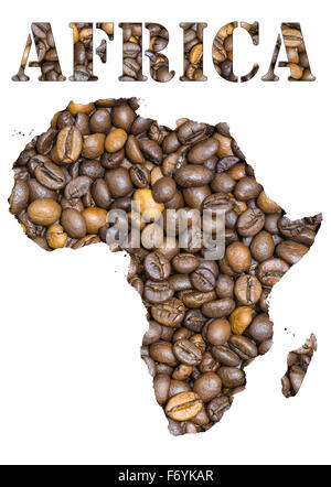 Les grains de café Roasted Brown arrière-plan avec la forme de la parole et de l'Afrique la carte géographique contour. Droit isolé sur un wh Banque D'Images