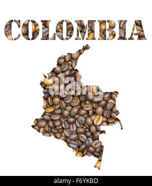 Les grains de café Roasted Brown arrière-plan avec la forme de la parole de la Colombie et de la carte géographique du pays correspondant. Isolat d'image Banque D'Images