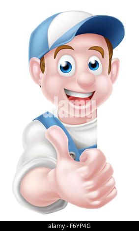 Un dessin animé, plombier, mécanicien, bricoleur ou jardinier décorateur peeking autour d'un signe et de donner un coup de pouce Banque D'Images