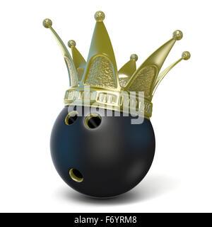 Couronne d'or sur noir boule de bowling. Rendu 3D illustration isolé sur fond blanc Banque D'Images