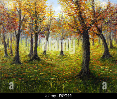 Peinture à l'huile originale montrant belle forêt d'automne sur toile. L'impressionnisme moderne, modernisme, marinism Banque D'Images