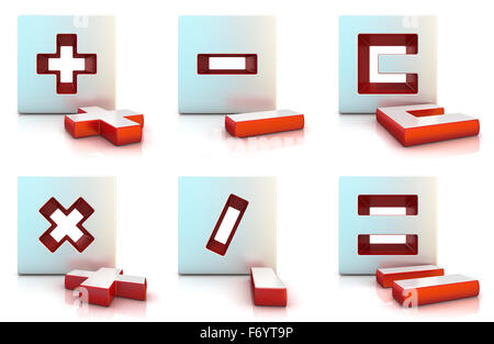De plus, moins, multiplier, diviser, et tout aussi clairement. Rendu 3D illustration, isolé sur blanc. Banque D'Images