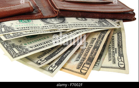 Portefeuille en cuir marron avec des dollars isolé sur fond blanc Banque D'Images