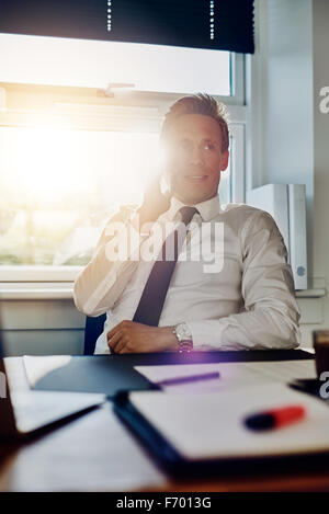 L'homme d'affaires parler au téléphone alors qu'il était assis à son bureau avec les documents Banque D'Images