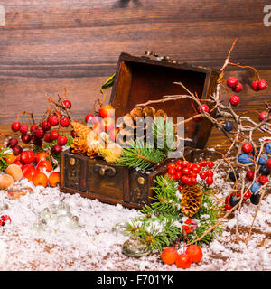 Hiver Noël still life with a ouvert la poitrine pleine, apple, écrous, cônes, de baies, de sapin et de la neige, gros plan Banque D'Images