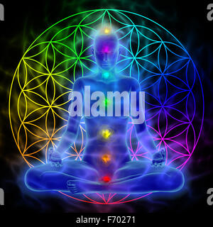 Illustration de femme méditant, symbole Fleur de vie Banque D'Images