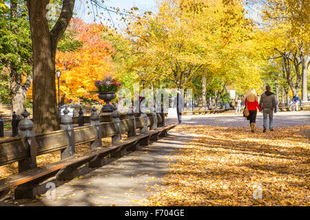 Voir l'automne de la promenade littéraire Mall at Central Park à Manhattan, avec personnes visibles. Banque D'Images