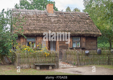 Le Musée de la campagne de Mazovie à Sierpc, Pologne. Vieille ferme paysanne en bois avec toit de chaume. Banque D'Images