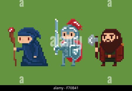 Pixel art illustration style wizard, Knight et nains Illustration de Vecteur