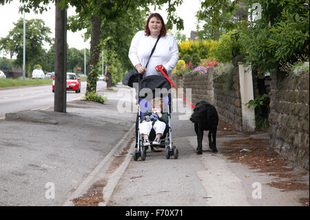 Maman avec son bébé dans son buggy balade le chien de compagnie, Banque D'Images