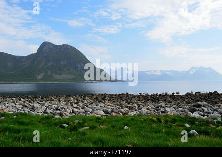 Chaîne de montagnes majestueuses avec fjord bleu et vert de mer pasture Banque D'Images