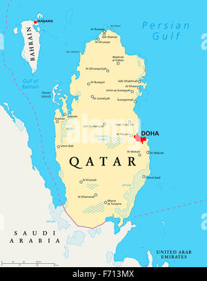 Carte politique du Qatar, Doha capital avec les frontières nationales, les villes importantes, les marais salants et les récifs. English l'étiquetage et à l'échelle. Banque D'Images