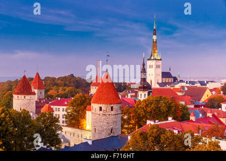 Vue aérienne, vieille ville au crépuscule, Tallinn, Estonie Banque D'Images