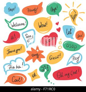 Jeu de bulles à la main en modèle plat avec des messages courts Illustration de Vecteur