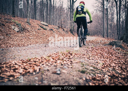 Le sentier de vélo de montagne Vélo de bois. Montagne en hiver ou en automne paysage forêt. Vélo homme VTT sur les routes de campagne. S Banque D'Images