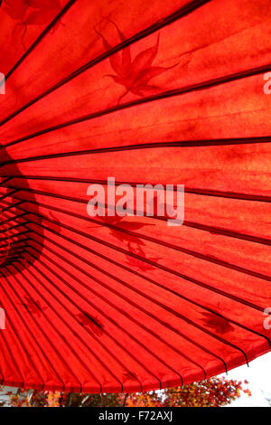 Parapluie rouge traditionnel japonais avec les feuilles d'automne Banque D'Images