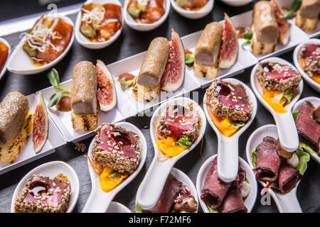 Hors-d'œuvre gastronomique : foie gras, le gibier, le thon et le saumon. Banque D'Images