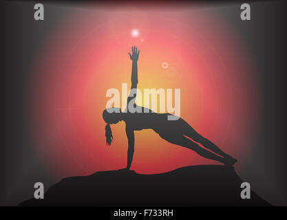 Une silhouette de femme yoga côté scène planche sur un fond de couleur sombre avec un regard noir