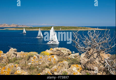 Côte d'émeraude, en Sardaigne, Italie, 5/2015. Trois bateaux à voile à profiter du vent de la côte près de Porto Cervo, Gallura Banque D'Images