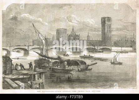 New Westminster Bridge & Palace montrant Big Ben clock tower en construction 1855 Banque D'Images