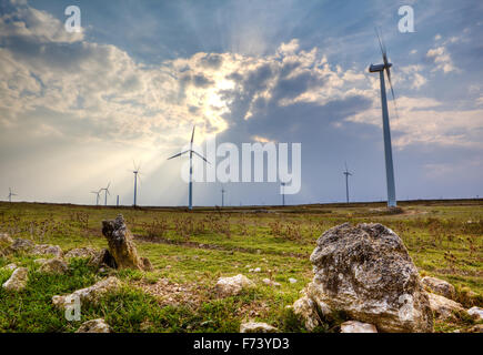 Paysage avec des champs et de l'éolienne Banque D'Images