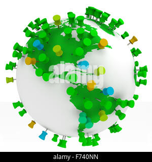 Monde carte du monde et des punaises isolés dans White Banque D'Images