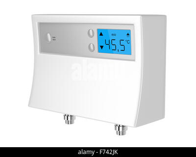 Chauffe-eau avec de l'eau, le contrôleur de température numérique isolé sur fond blanc Banque D'Images