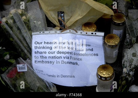 Copenhague, Danemark. 25 novembre. 2015. Présente à l'ambassade française de la police après l'attaque terroriste de Paris personnes déposent des fleurs et venez visiter l'ambassade française à Copenhague, Danemark. Crédit : François doyen/Alamy Live News Banque D'Images