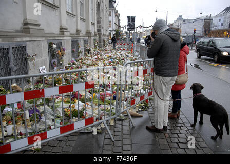 Copenhague, Danemark. 25 novembre. 2015. Présente à l'ambassade française de la police après l'attaque terroriste de Paris personnes déposent des fleurs et venez visiter l'ambassade française à Copenhague, Danemark. Crédit : François doyen/Alamy Live News Banque D'Images