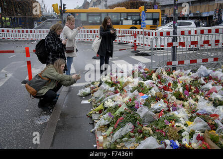 Copenhague, Danemark. 25 novembre. 2015. Présente à l'ambassade française de la police après l'attaque terroriste de Paris personnes déposent des fleurs et venez visiter l'ambassade française à Copenhague, Danemark. Crédit : François doyen/Alamy Live News Banque D'Images