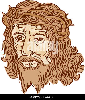 Gravure Gravure illustration style artisanal de Jésus Christ face avec couronne d'épines isolées sur fond blanc. Banque D'Images