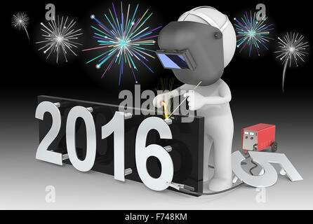 Dude 3D character le soudeur nombre pour le Nouvel An de 2015 à 2016. Feu d'artifice le ciel noir. Banque D'Images