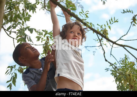 Deux enfants sur un parcours dans les arbres et d'aider les uns les autres Banque D'Images