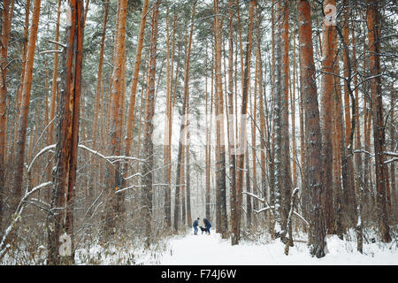 Jeune couple avec un chien s'amusant dans la forêt d'hiver les jours fériés. L'espace de copie pour le texte. Banque D'Images