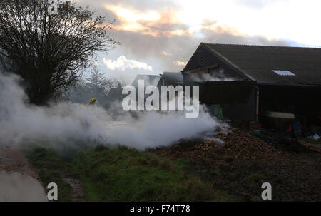 Fareham, Hampshire, Royaume-Uni. 25 novembre, 2015. Les équipes de pompiers de Fareham, Gosport et Hightown ont été appelés à un barn farm dans Brownwich Titchfield Lane en cet après-midi. Hampshire Fire and Rescue Service Watch Manager Ian Cambridge de Fareham dit 'Quand le premier équipage est allé(e) à la grange était bien allumée.' puis il a poursuivi en saluant les efforts de l'équipage et le dur travail qu'ils ont mis en pour arrêter l'incendie de se propager à d'autres deux granges attenantes. Un porteur d'eau a dû être appelé en raison du peu d'approvisionnement en eau dans la région. Credit : uknip/Alamy Live News Banque D'Images