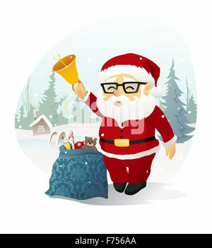 L'illustration de la Santa Claus avec une cloche et sac plein de cadeaux de Noël et des cadeaux. Christmas Bell Ringer. Banque D'Images