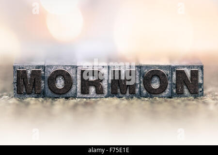 Le mot 'MORMON' écrit en encre vintage type letterpress vitrail. Banque D'Images