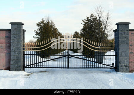 Portes ornementales avec postes en pierre en hiver Banque D'Images