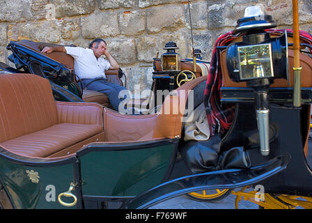 Conducteur de chariot, dormir sur la Plaza del Triunfo, Sevilla, Andalousie, Espagne Banque D'Images