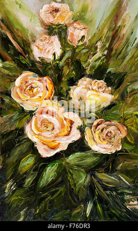 Peinture à l'huile abstrait original de beaux bouquet de roses fraîches sur toile.impressionnisme moderne, modernisme, marinism Banque D'Images
