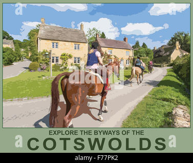 Un style poster illustration à partir d'une photo de cavaliers dans le village de Stanton, Worcestershire, Angleterre, RU Banque D'Images