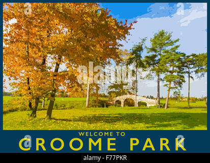 Poster une illustration style à partir d'une photo d'automne au parc Croome et pont chinois, Worcestershire, Angleterre, RU Banque D'Images