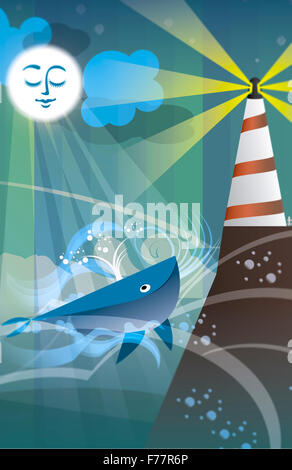 Baleine dans la mer avec le phare et la lune, conte, livre pour enfants Banque D'Images