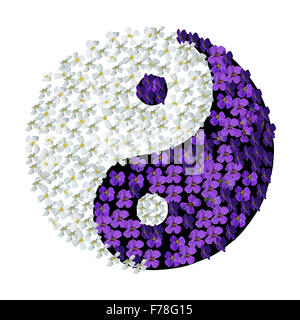 Yin Yang Floral. Le symbole Yin Yang avec des fleurs blanches et mauves avec des gouttelettes isolé sur blanc. Banque D'Images