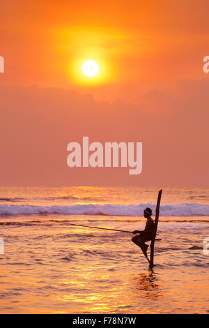 Sri Lanka - pêcheur à l'heure du coucher du soleil à échasses, Koggala Beach tropical, de l'Asie Banque D'Images